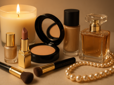 Hochwertige Kosmetikartikel wie Lippenstift, Foundation, Puder, Make-up-Pinsel sowie ein edler Parfumflakon, eine Perlenkette und eine brennende Duftkerze – elegant arrangiert auf einem warmen, beigen Hintergrund.