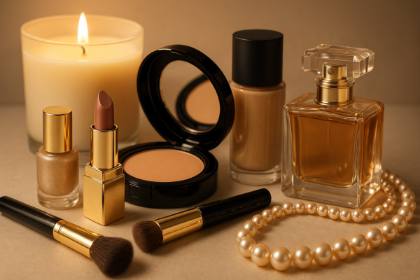 Hochwertige Kosmetikartikel wie Lippenstift, Foundation, Puder, Make-up-Pinsel sowie ein edler Parfumflakon, eine Perlenkette und eine brennende Duftkerze – elegant arrangiert auf einem warmen, beigen Hintergrund.